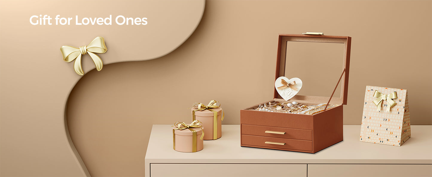 Jewelry Box Organizer with Glass Lid, 3-Layer Jewelry Storage, with 2 Drawers, Modern Style, 8 x 9.1 x 5.3 Inches, Cloud White and Gold Color