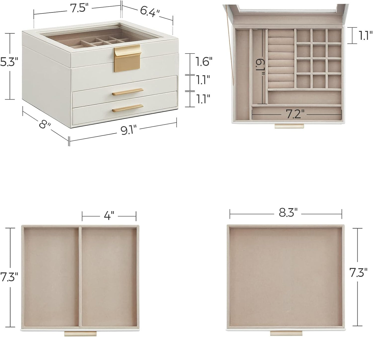 Jewelry Box Organizer with Glass Lid, 3-Layer Jewelry Storage, with 2 Drawers, Modern Style, 8 x 9.1 x 5.3 Inches, Cloud White and Gold Color