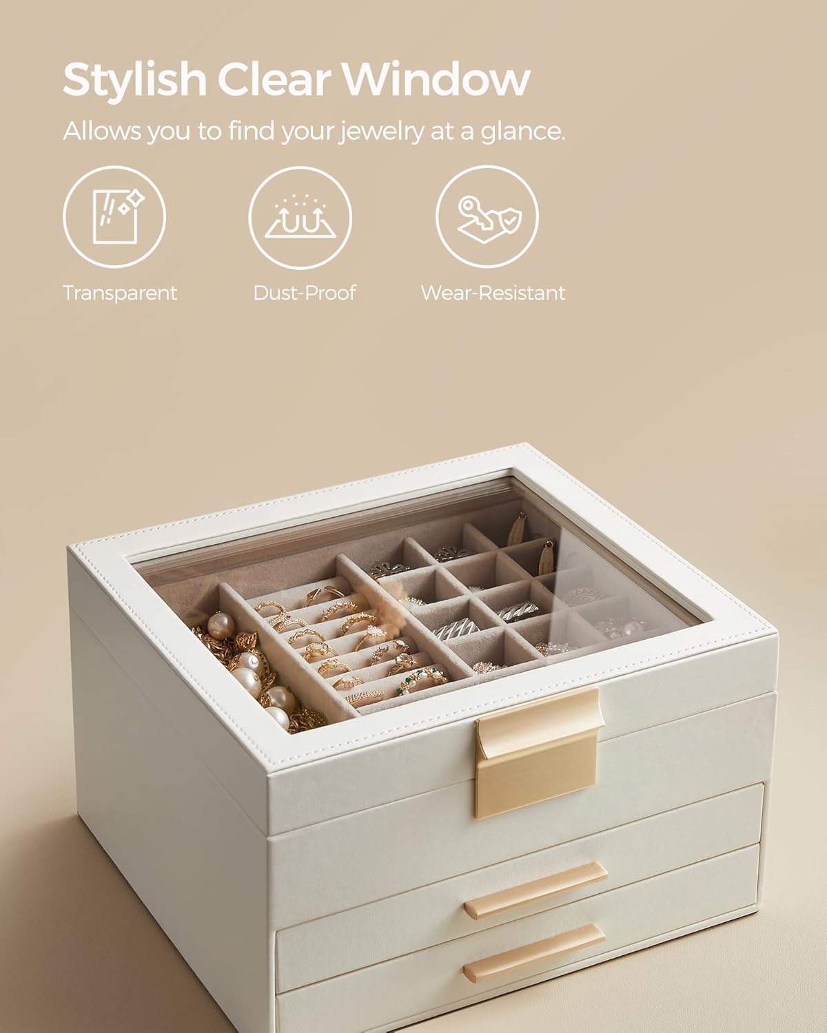 Jewelry Box Organizer with Glass Lid, 3-Layer Jewelry Storage, with 2 Drawers, Modern Style, 8 x 9.1 x 5.3 Inches, Cloud White and Gold Color