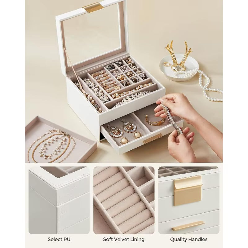 Jewelry Box Organizer with Glass Lid, 3-Layer Jewelry Storage, with 2 Drawers, Modern Style, 8 x 9.1 x 5.3 Inches, Cloud White and Gold Color