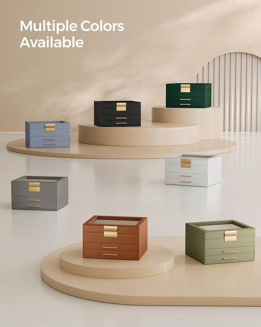 Jewelry Box Organizer with Glass Lid, 3-Layer Jewelry Storage, with 2 Drawers, Modern Style, 8 x 9.1 x 5.3 Inches, Cloud White and Gold Color