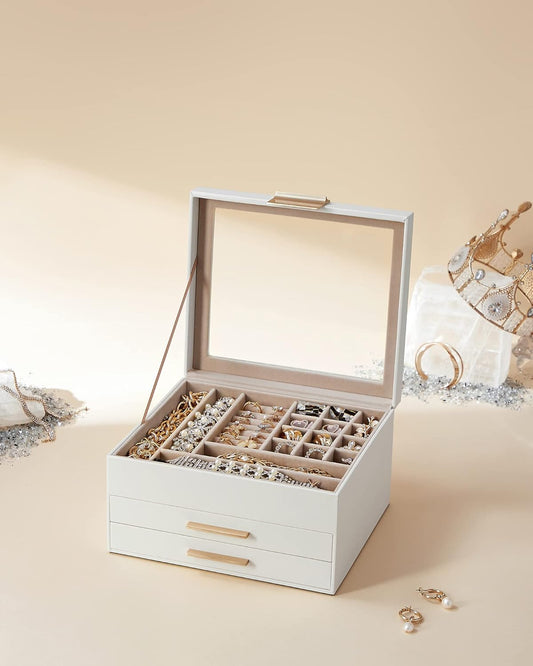 Jewelry Box Organizer with Glass Lid, 3-Layer Jewelry Storage, with 2 Drawers, Modern Style, 8 x 9.1 x 5.3 Inches, Cloud White and Gold Color
