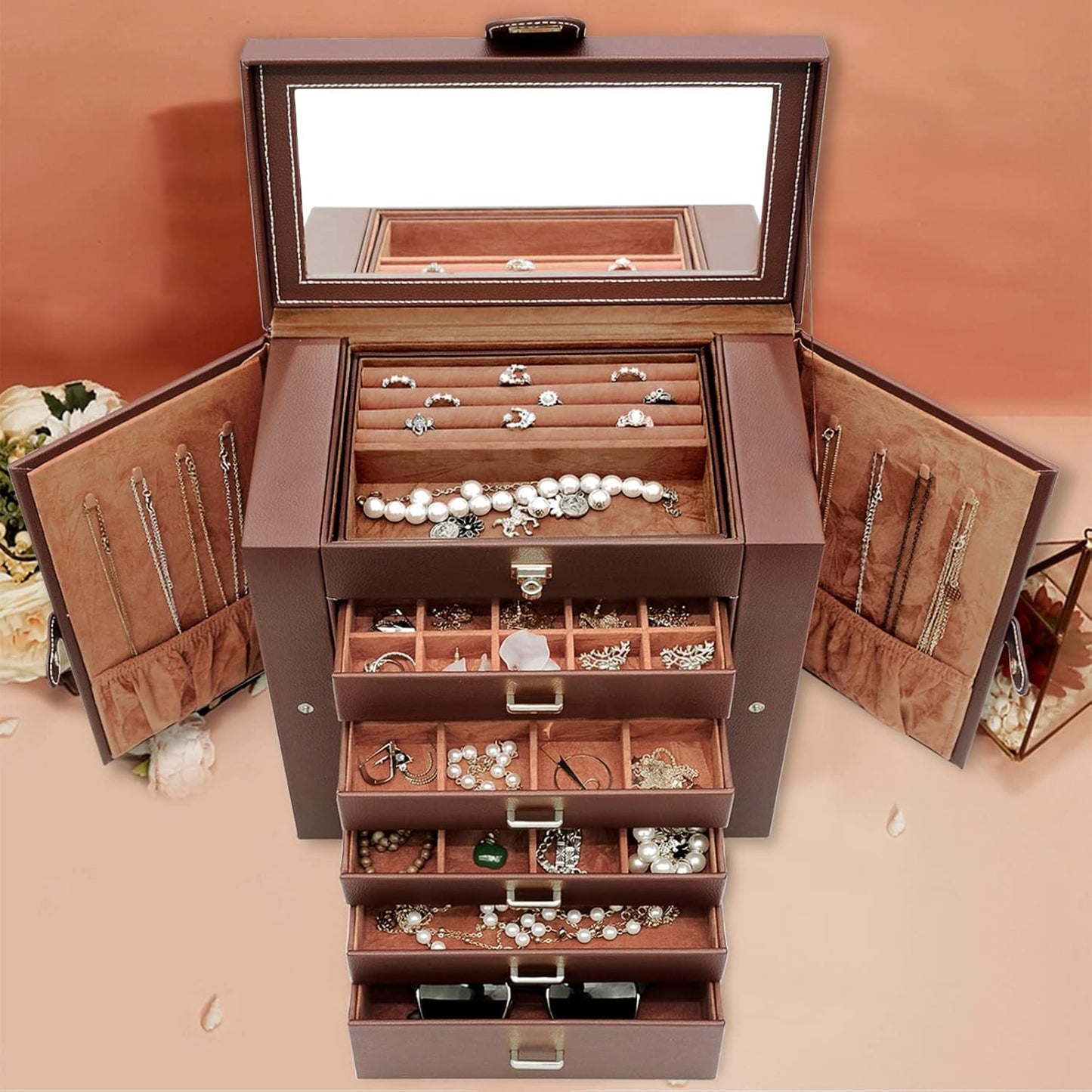 Jewelry Box 360° Rotating 6-Tier Functional Jewelry Storage Case Organizer for Women Girls Ring Necklace Earring Bracelet Holder with Mirror