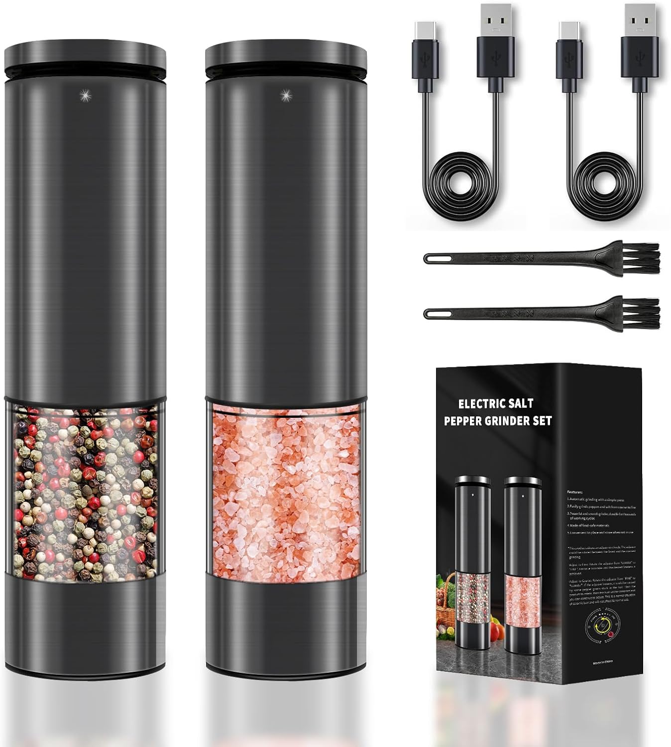 Electric Salt and Pepper Grinder Set Stainless Steel Salt and Pepper Mill Led Light Automatic One Handed Operation Rechargeable Adjustable Shakers Ceramic Rator 2 Pack Black Stainless Steel