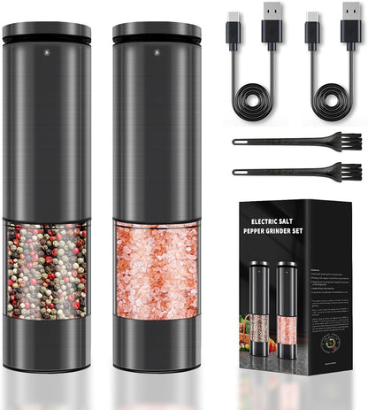 Electric Salt and Pepper Grinder Set Stainless Steel Salt and Pepper Mill Led Light Automatic One Handed Operation Rechargeable Adjustable Shakers Ceramic Rator 2 Pack Black Stainless Steel