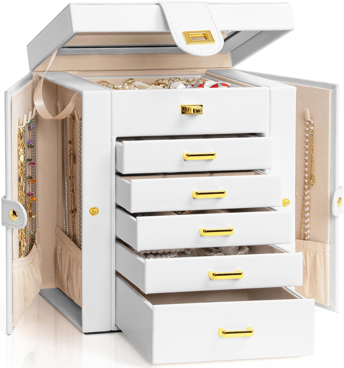 Jewelry Box 360° Rotating 6-Tier Functional Jewelry Storage Case Organizer for Women Girls Ring Necklace Earring Bracelet Holder with Mirror