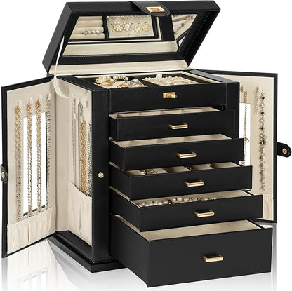 Jewelry Box 360° Rotating 6-Tier Functional Jewelry Storage Case Organizer for Women Girls Ring Necklace Earring Bracelet Holder with Mirror
