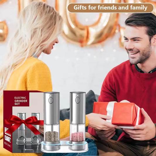 Electric Salt and Pepper Grinder Set, Stainless Steel Automatic Pepper Grinder with Upgraded Charge Base and LED Light, Adjustable Coarseness, Rechargeable Sea Salt Spice Mill Set, Ideal for Kitchen