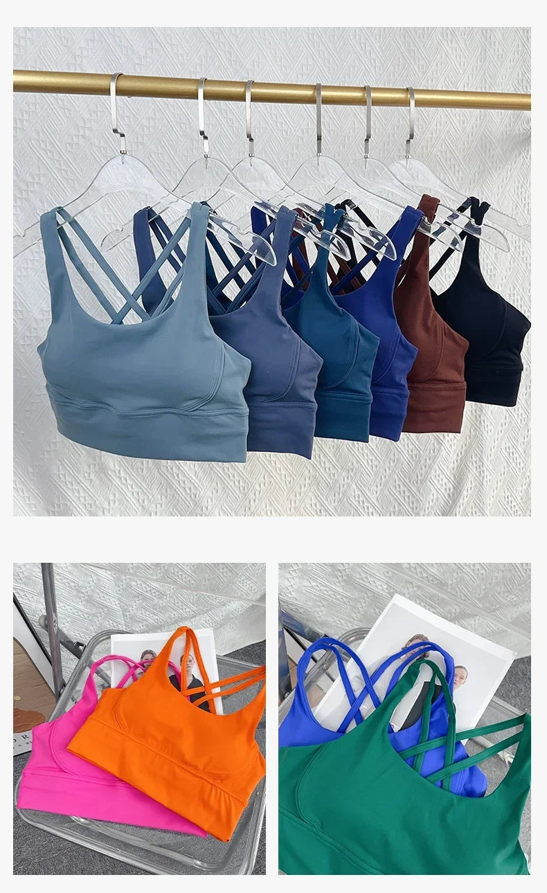Solid Color Soft Cross Back Women Fitness Bra Tights Yoga Vest High Strength Shockproof Gym Sports Top Push Up With Chest Pad