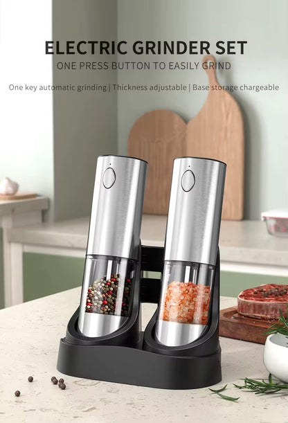 Electric Salt and Pepper Grinder Set, Stainless Steel Automatic Pepper Grinder with Upgraded Charge Base and LED Light, Adjustable Coarseness, Rechargeable Sea Salt Spice Mill Set, Ideal for Kitchen