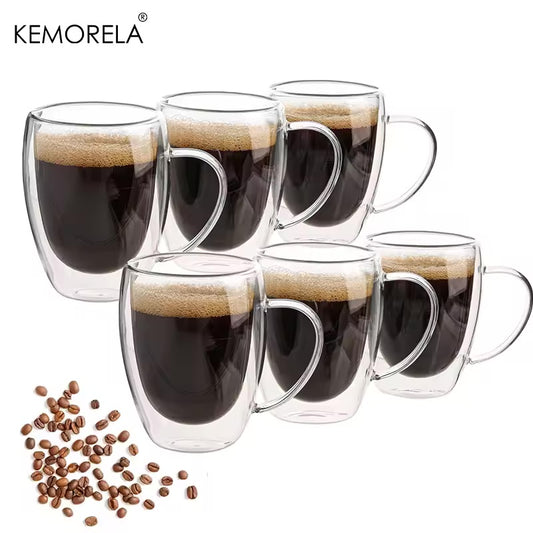 2/4/6PCS 150-350ML Double Wall Glass Heat Resistant High Borosilicat Coffee Mug With Handle Transparent Glass Cappuccino Cup Coffee Milk Tea Juice Tea Cup