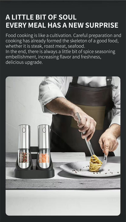 Electric Salt and Pepper Grinder Set, Stainless Steel Automatic Pepper Grinder with Upgraded Charge Base and LED Light, Adjustable Coarseness, Rechargeable Sea Salt Spice Mill Set, Ideal for Kitchen