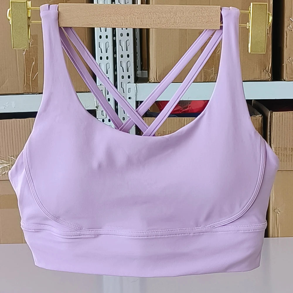 Solid Color Soft Cross Back Women Fitness Bra Tights Yoga Vest High Strength Shockproof Gym Sports Top Push Up With Chest Pad