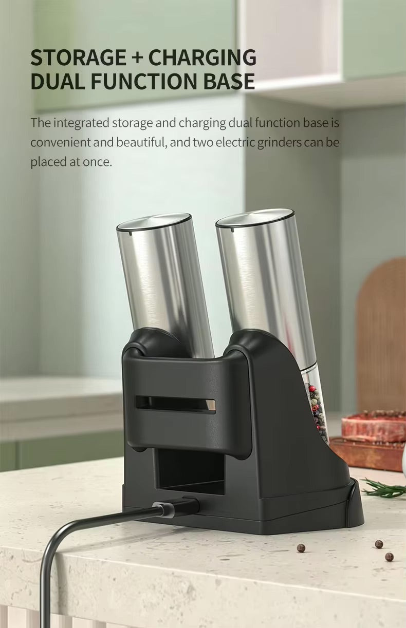 Electric Salt and Pepper Grinder Set, Stainless Steel Automatic Pepper Grinder with Upgraded Charge Base and LED Light, Adjustable Coarseness, Rechargeable Sea Salt Spice Mill Set, Ideal for Kitchen