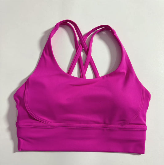 Solid Color Soft Cross Back Women Fitness Bra Tights Yoga Vest High Strength Shockproof Gym Sports Top Push Up With Chest Pad