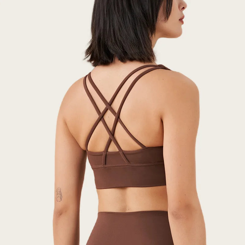 Solid Color Soft Cross Back Women Fitness Bra Tights Yoga Vest High Strength Shockproof Gym Sports Top Push Up With Chest Pad