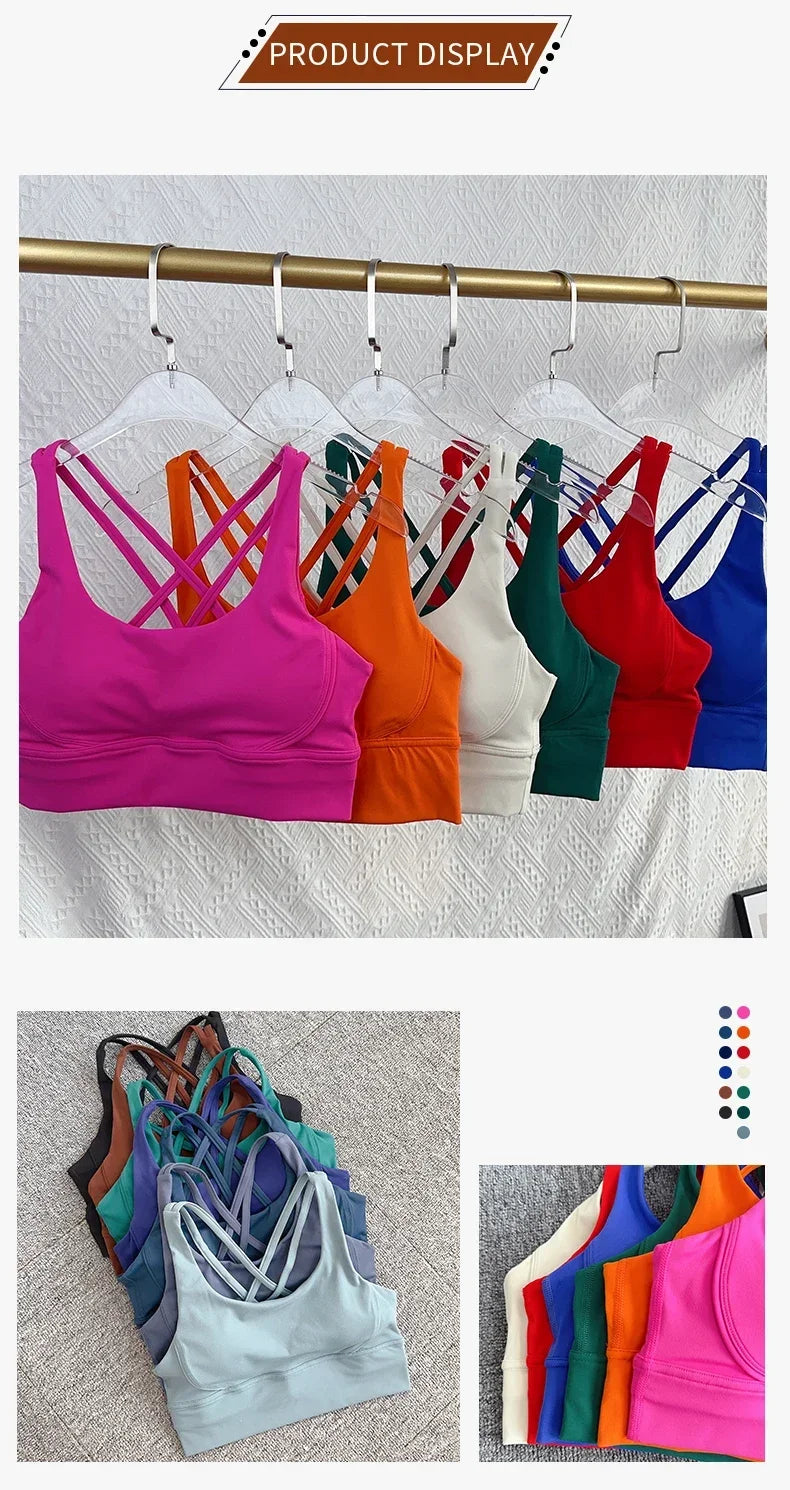 Solid Color Soft Cross Back Women Fitness Bra Tights Yoga Vest High Strength Shockproof Gym Sports Top Push Up With Chest Pad
