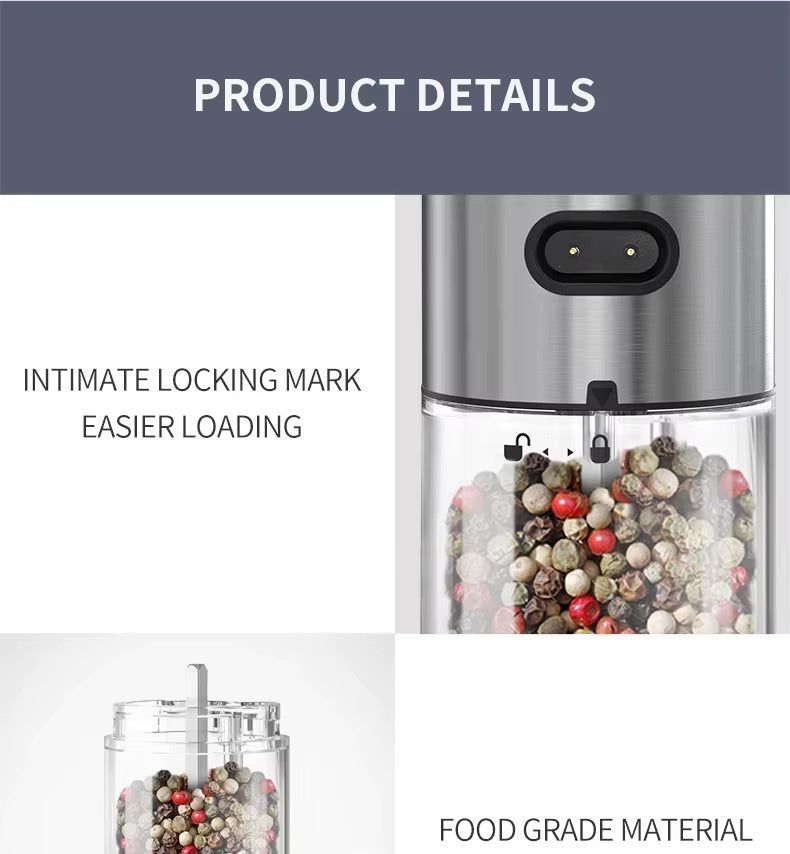 Electric Salt and Pepper Grinder Set, Stainless Steel Automatic Pepper Grinder with Upgraded Charge Base and LED Light, Adjustable Coarseness, Rechargeable Sea Salt Spice Mill Set, Ideal for Kitchen