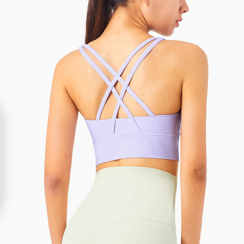Solid Color Soft Cross Back Women Fitness Bra Tights Yoga Vest High Strength Shockproof Gym Sports Top Push Up With Chest Pad