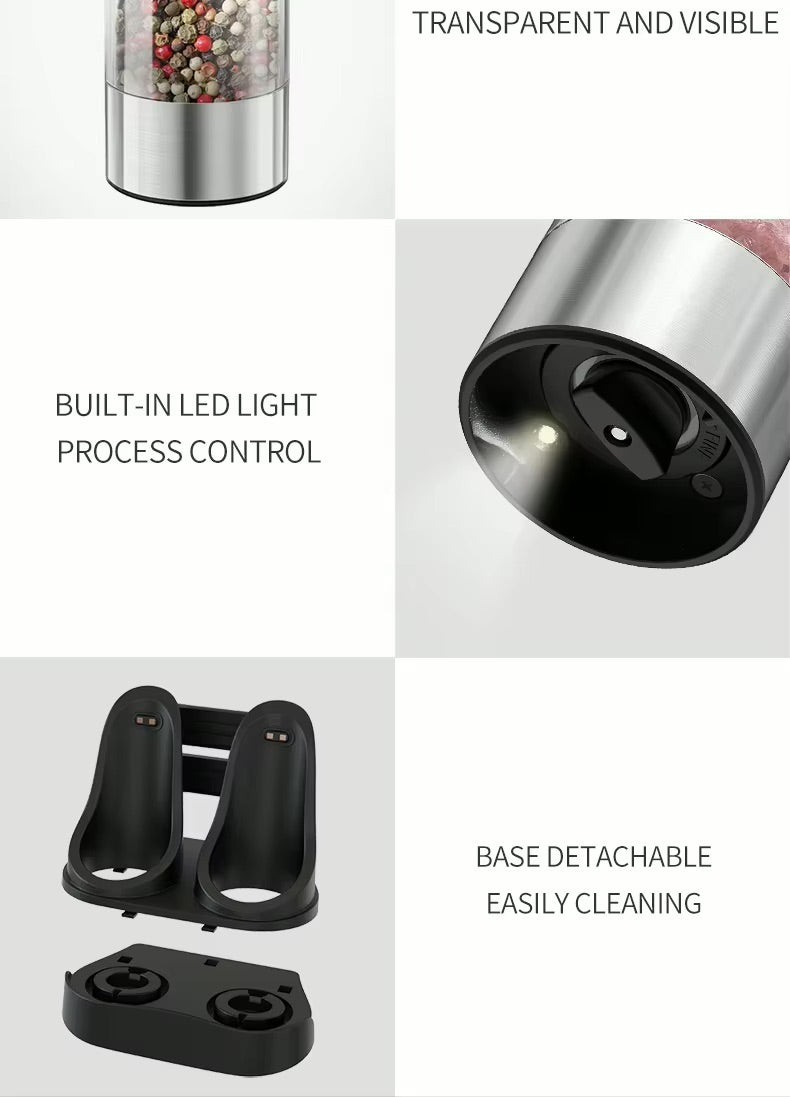 Electric Salt and Pepper Grinder Set, Stainless Steel Automatic Pepper Grinder with Upgraded Charge Base and LED Light, Adjustable Coarseness, Rechargeable Sea Salt Spice Mill Set, Ideal for Kitchen