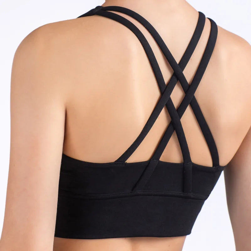 Solid Color Soft Cross Back Women Fitness Bra Tights Yoga Vest High Strength Shockproof Gym Sports Top Push Up With Chest Pad